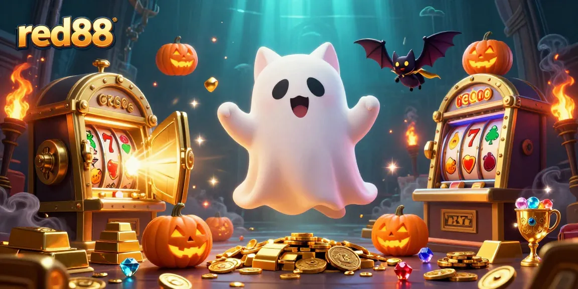Experience thrilling gameplay at red88 with ghostly characters amidst glowing slot machines and treasures.