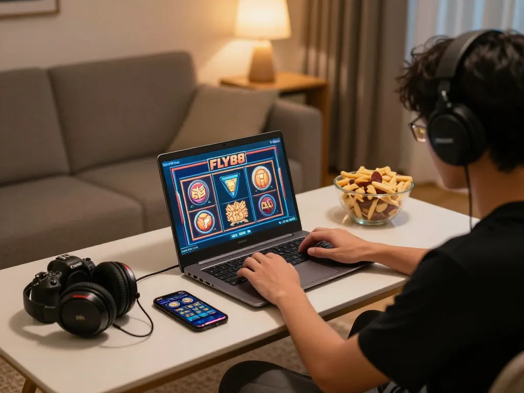 Player engaging in FLY88 slots on laptop in a cozy home gaming setup, showcasing online entertainment experience