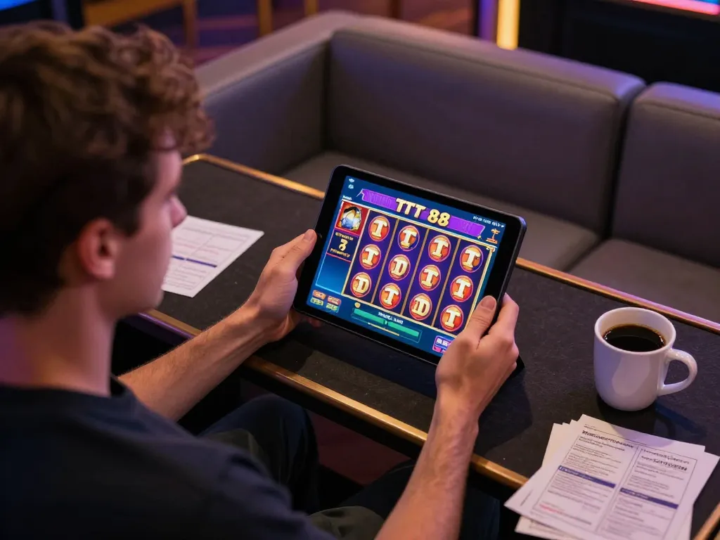 Player engages in TT 88 online slot game on a tablet, cozy sofa setting showing strategic betting notes.