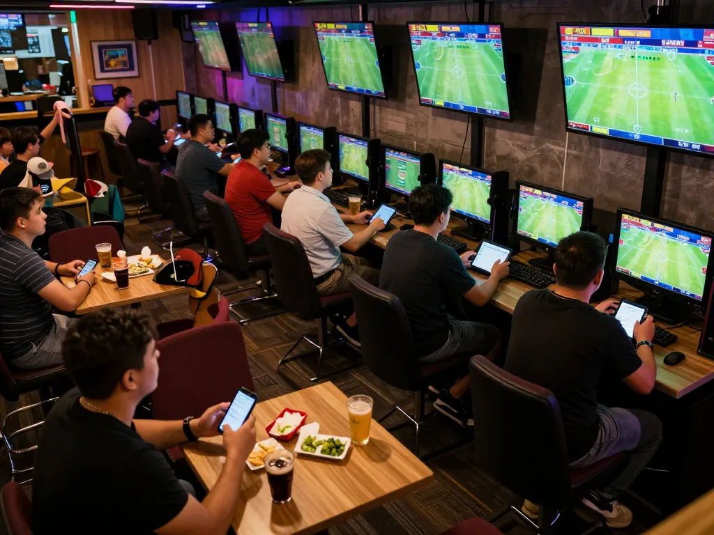 Fans engaging with sin88.expert for sports betting amidst vibrant screens and dynamic atmosphere