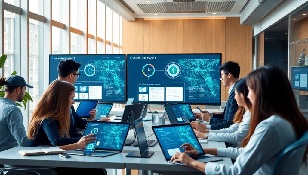 快连官网 showcasing a modern office environment with professionals using the app on multiple devices, highlighting its multi-platform support.