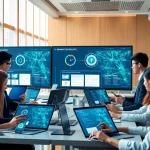 快连官网 showcasing a modern office environment with professionals using the app on multiple devices, highlighting its multi-platform support.
