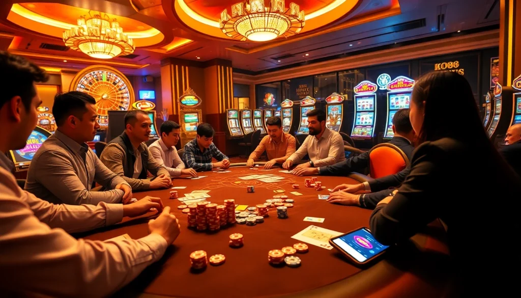 Lively poker game at Lu88.com showcasing chips and cards in an upscale casino atmosphere.