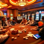 Lively poker game at Lu88.com showcasing chips and cards in an upscale casino atmosphere.