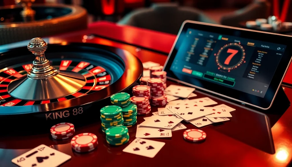 Experience the thrill of winning at https://king88.vote/ with a vibrant casino scene featuring roulette, poker chips, and cards.