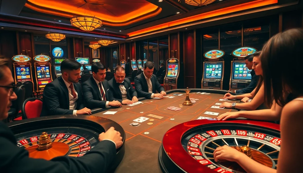Experience excitement at https://bet88.talk/ with a luxurious casino scene showcasing poker and slot machines.