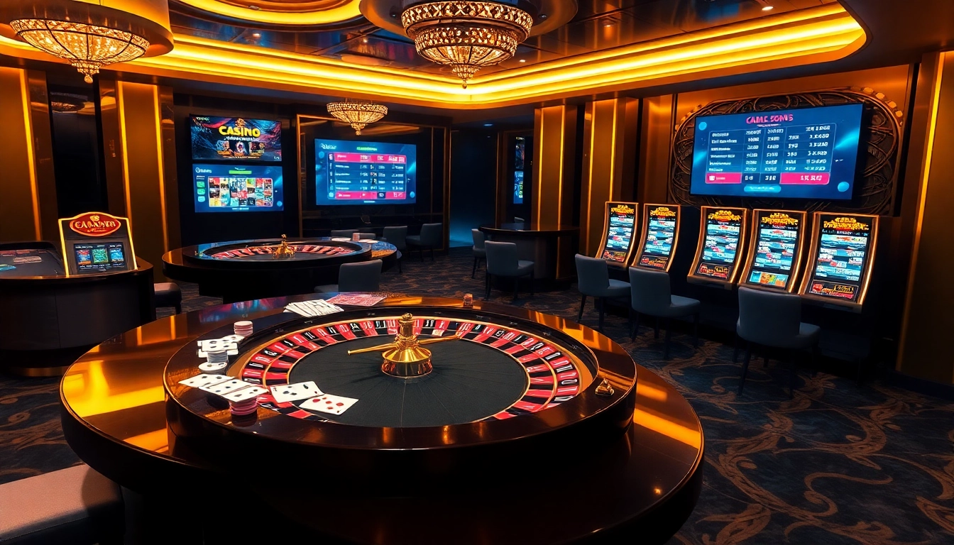 Experience excitement at https://i9bet.space/ with vibrant gambling elements like casino tables and a roulette wheel.