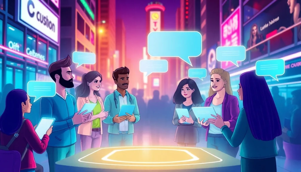Engaging characters chatting through AI technology in a vibrant urban setting for crushon ia.