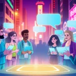 Engaging characters chatting through AI technology in a vibrant urban setting for crushon ia.