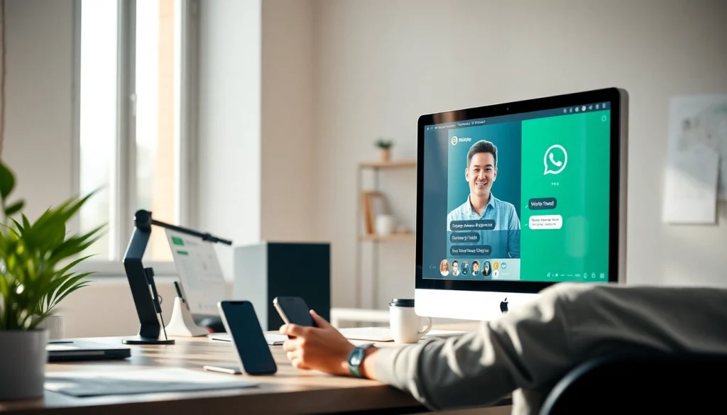 WhatsApp网页版 interface displayed on a modern desktop, showcasing seamless communication with a friendly user interaction.