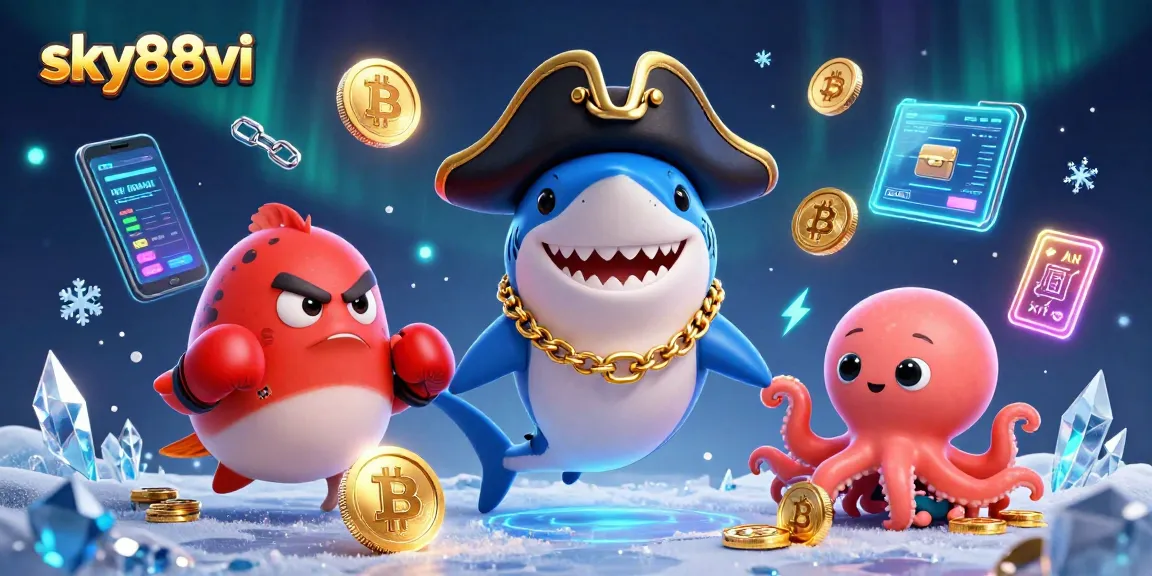 Join the adventure with sky88vi's vibrant pirate characters amidst crypto coins in an exciting casino scene.