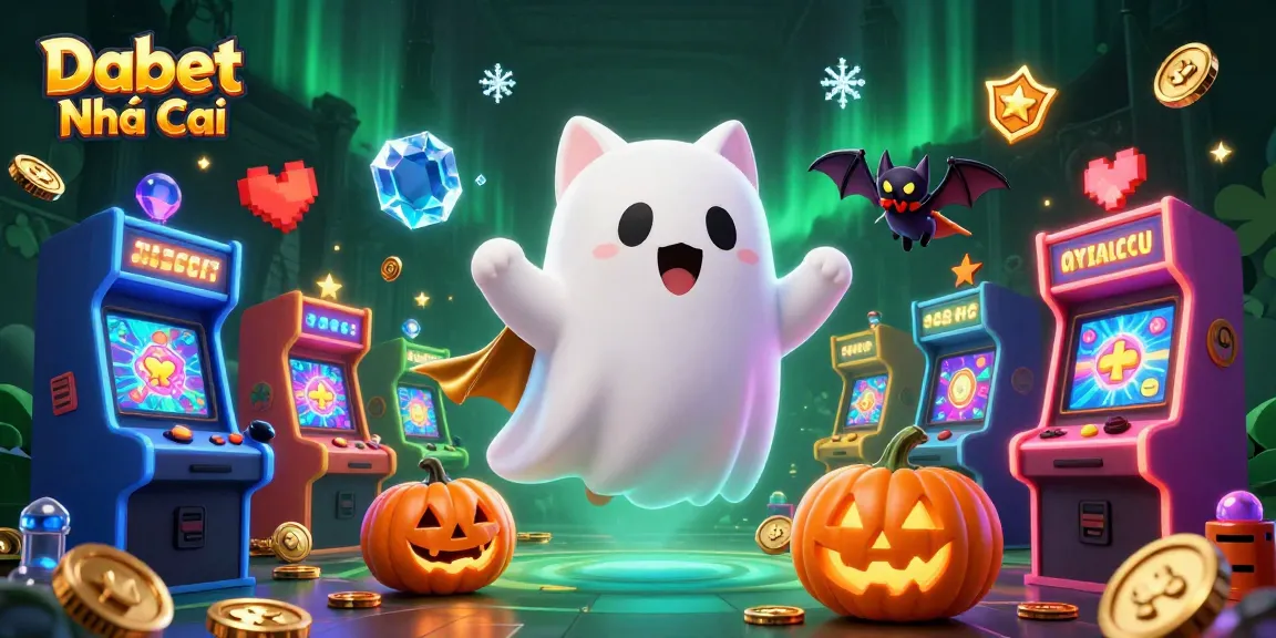 Dabet Nhà cái features a friendly ghost cat and a bat in a haunted casino scene filled with games and Halloween elements.