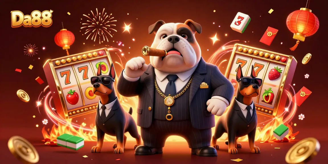 Immerse in the Da88 casino experience with animated slot reels, vibrant symbols, and a mafia boss.