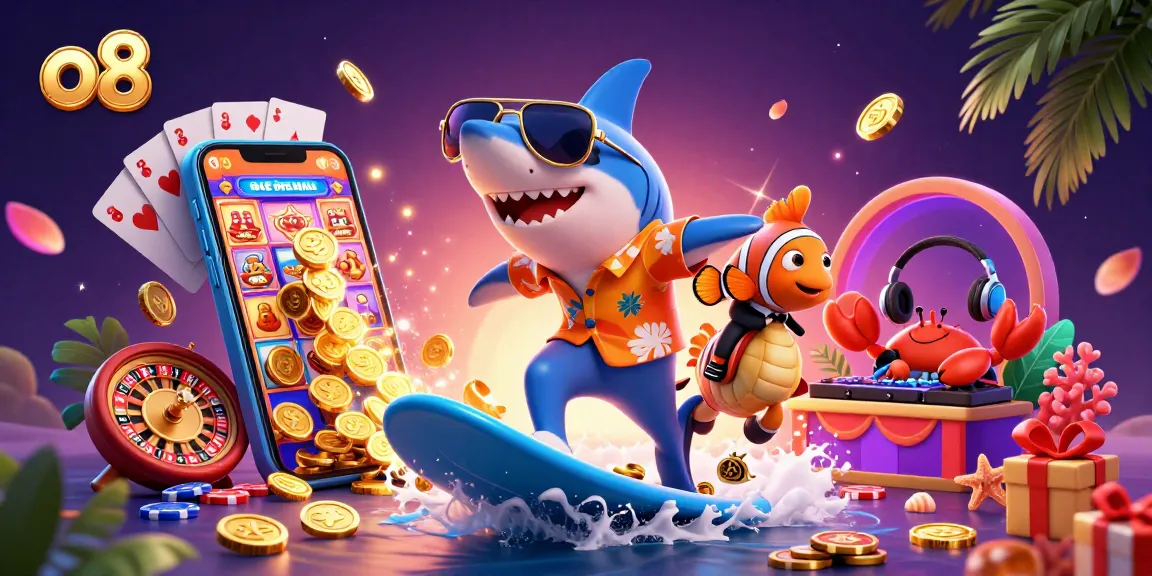 Engage with exciting games at o8, featuring lively characters in a casino-themed 3D illustration.