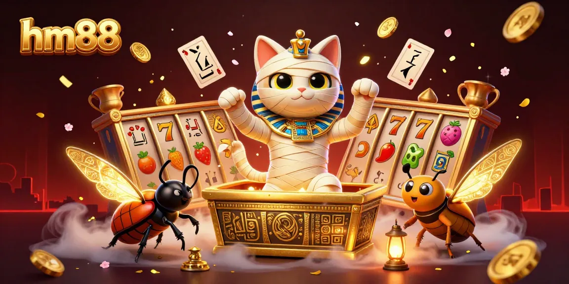 Experience thrilling gameplay at hm88 with a vibrant scene featuring a cartoon mummy cat amidst slot machines and casino elements.