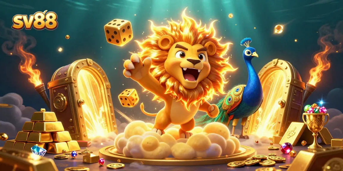 Spin to win with sv88 in this vibrant casino scene featuring golden treasures and joyous characters.