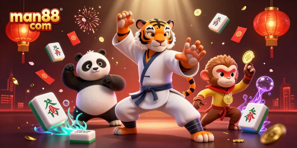 Engage with man88 com through this vibrant 3D casino illustration showcasing themed characters and gaming elements.