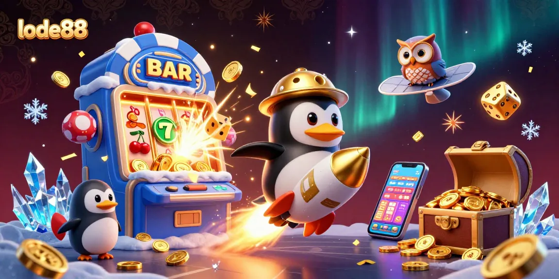 Experience lode88's thrilling jackpot action with a golden penguin and dynamic casino elements in a vibrant scene.