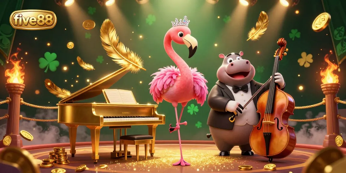 Experience the excitement at five88 with a vibrant casino scene featuring a flamingo singer and hippo bassist.
