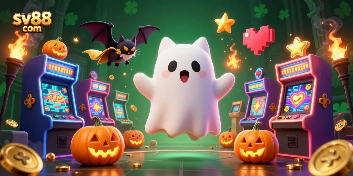 Experience fun with sv88 com's vibrant ghost cat and vampire bat in a haunting casino adventure.