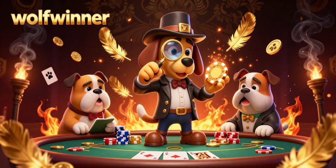 Engage with exciting poker action featuring wolfwinner's detective characters uncovering clues, surrounded by vibrant elements.
