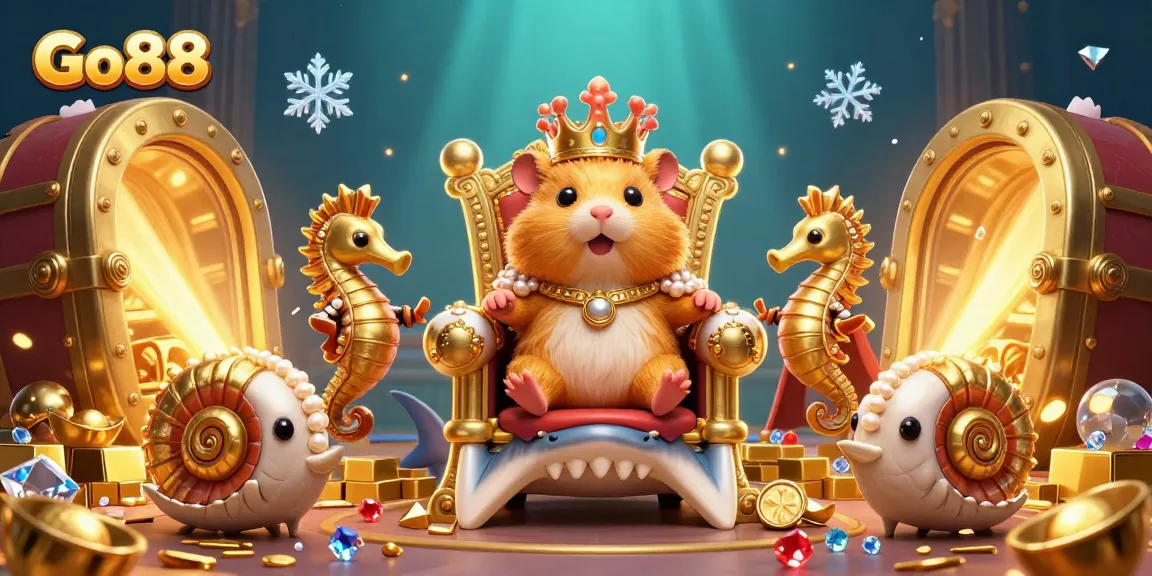 Experience unparalleled fortune with Go88's thrilling golden hamster king amidst treasure and excitement.